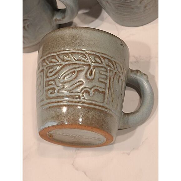 FRANKOMA Pottery Mugs /Cup 7C Blue /Green Mayan Aztec Set Of 5 Vintage MCM EUC - Picture 5 of 10